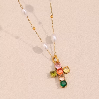 PEARL & RAINBOW CROSS NECKLACE 28496 — view 3