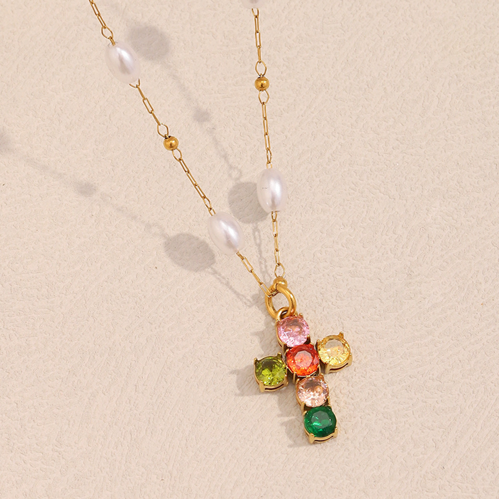PEARL & RAINBOW CROSS NECKLACE 28496 — view 3
