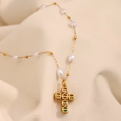 PEARL & RAINBOW CROSS NECKLACE 28496 — view 2