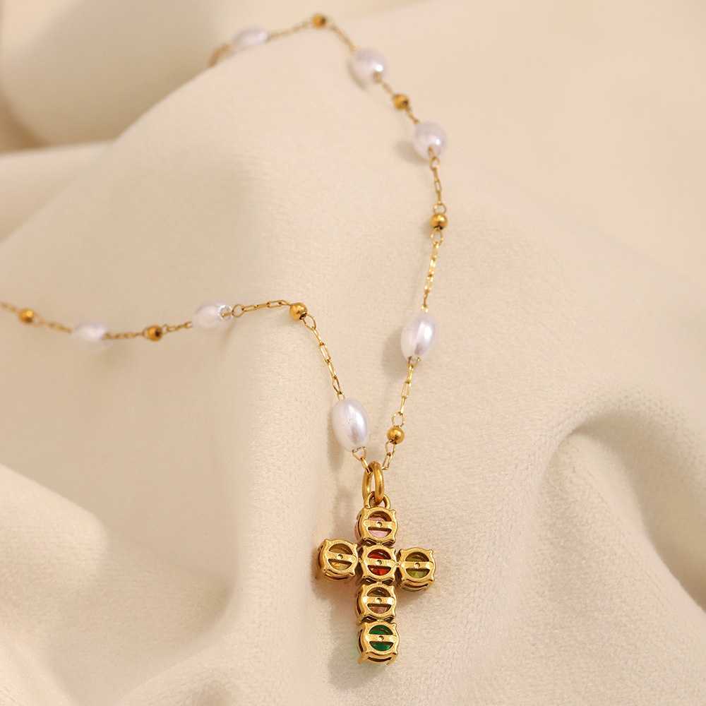PEARL & RAINBOW CROSS NECKLACE 28496