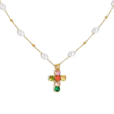 PEARL & RAINBOW CROSS NECKLACE 28496 — view 1