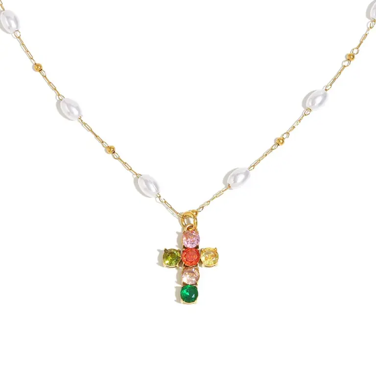 PEARL & RAINBOW CROSS NECKLACE 28496