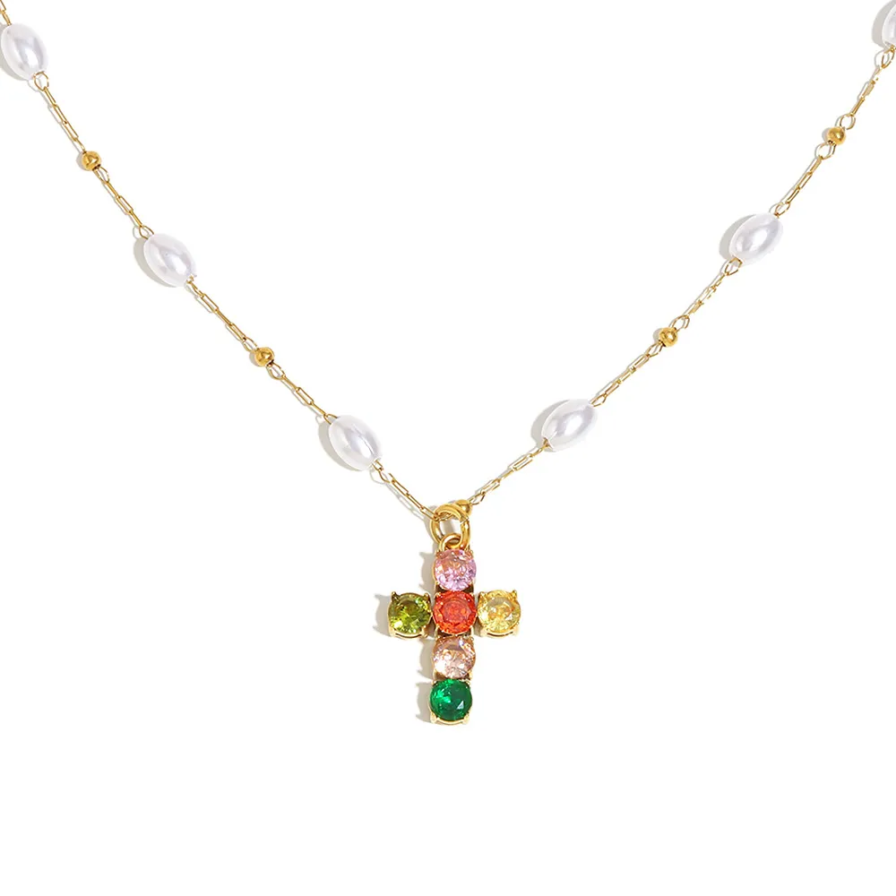 PEARL & RAINBOW CROSS NECKLACE 28496