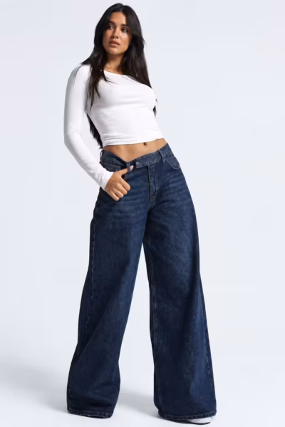TEXTURED WAISTBAND PALAZZO JEANS — ΠΑΝΤΕΛΟΝΙΑ (1)