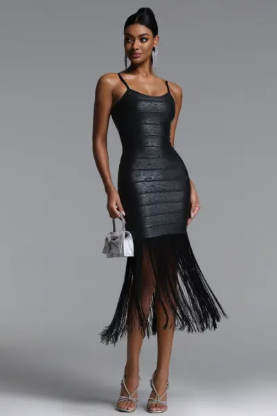 OBSIDIAN METALLIC FRINGE BANDAGE MIDI DRESS BB1202 — ΦΟΡΕΜΑΤΑ (1)