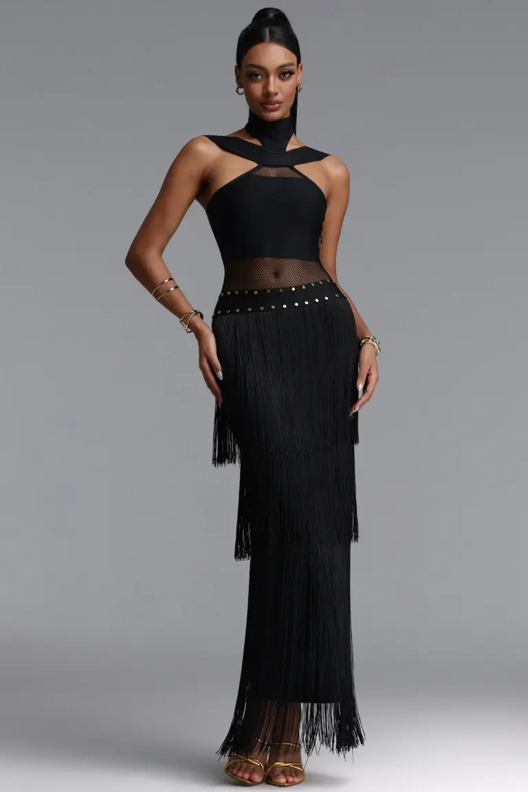 NOIR FRINGE & STUDS MAXI DRESS BB1205 — ΦΟΡΕΜΑΤΑ
